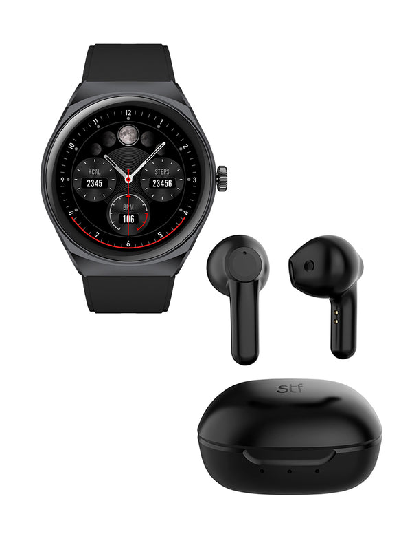 Kit Smartwatch Reloj Kronos Trek negro + Audífonos True Wireless Kun