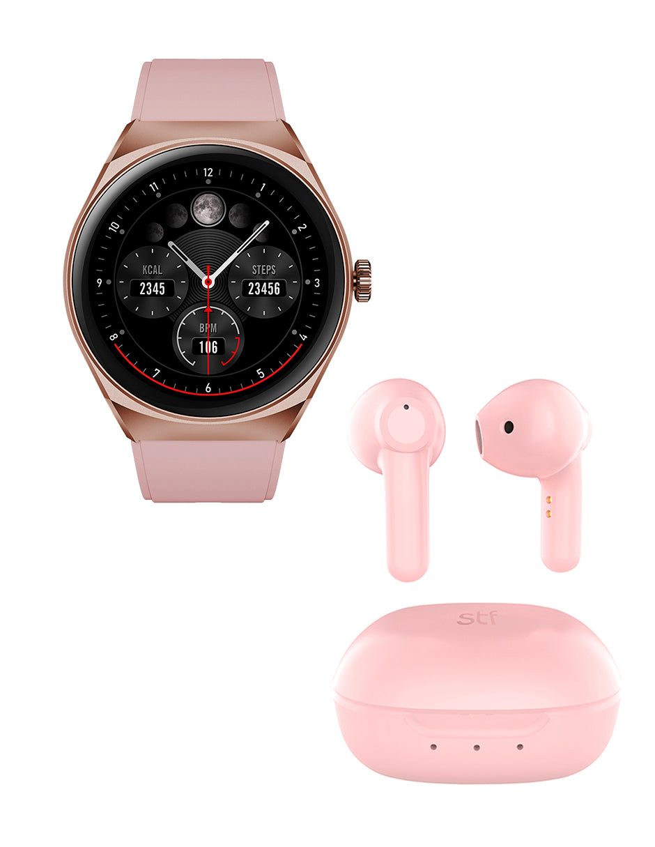 Kit STF Smartwatch Reloj Kronos Trek rosa + Audífonos True Wireless Ku ...